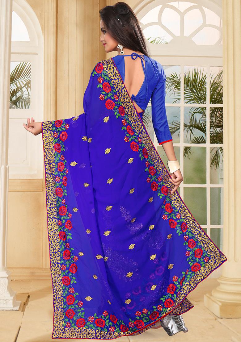 Blue Zari Resham Embroidered Georgette Saree Set