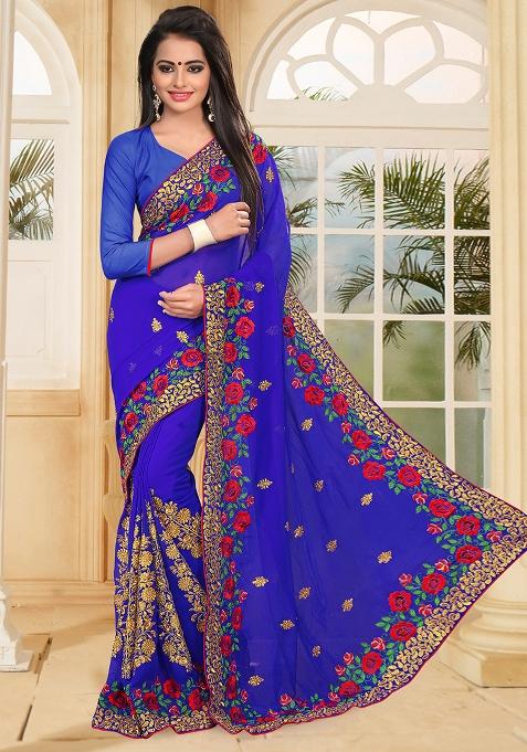 Blue Zari Resham Embroidered Georgette Saree Set