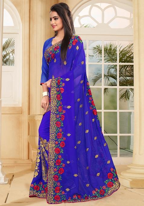 Blue Zari Resham Embroidered Georgette Saree Set