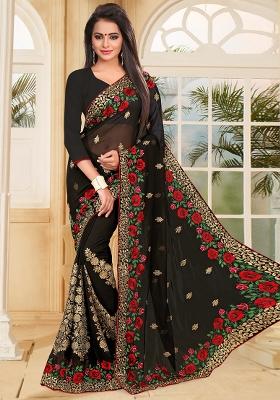 Black Zari Resham Embroidered Georgette Saree Set