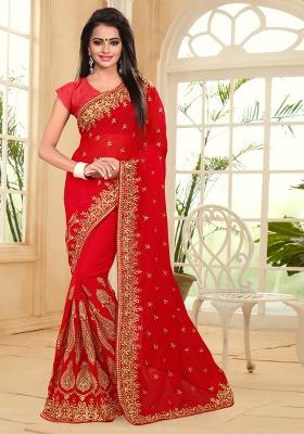 Red Zari Resham Embroidered Georgette Saree Set