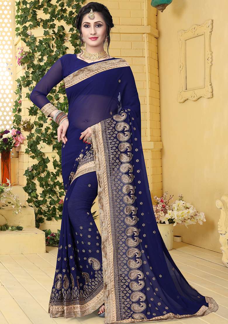 Navy Blue Border Georgette Saree Set with Embroidered & Sequin for Diwali | Wedding & Festive Wear - Indya