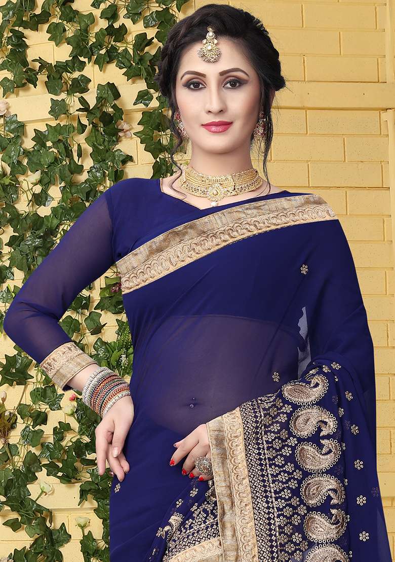 Navy Blue Border Georgette Saree Set with Embroidered & Sequin for Diwali | Wedding & Festive Wear - Indya