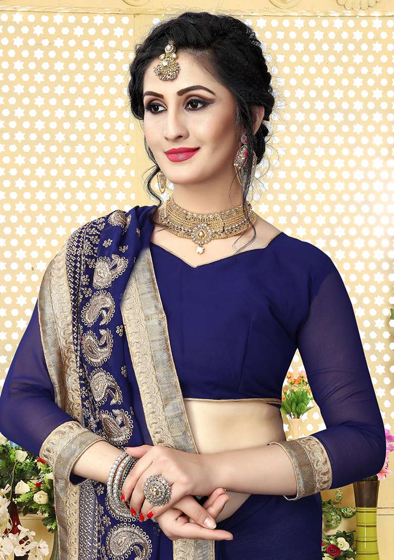 Navy Blue Border Georgette Saree Set with Embroidered & Sequin for Diwali | Wedding & Festive Wear - Indya