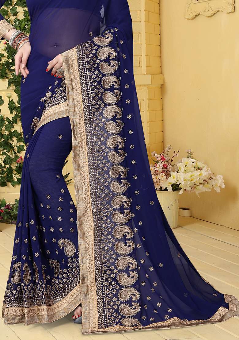 Navy Blue Border Georgette Saree Set with Embroidered & Sequin for Diwali | Wedding & Festive Wear - Indya