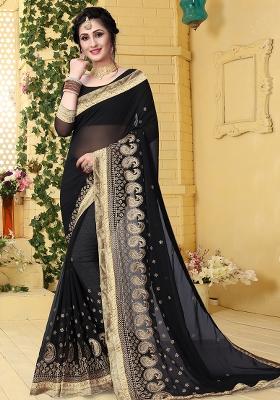Black Sequin Embroidered Border Georgette Saree Set