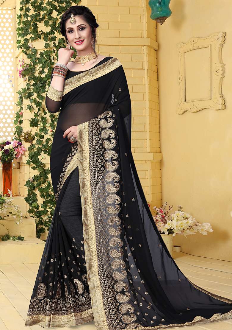 Black Sequin Embroidered Border Georgette Saree Set for Diwali and Festive Wear - Indya