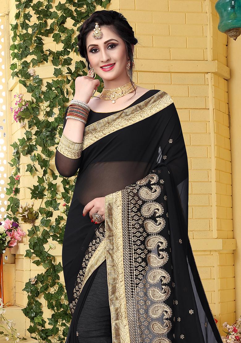 Black Sequin Embroidered Border Georgette Saree Set - Indya