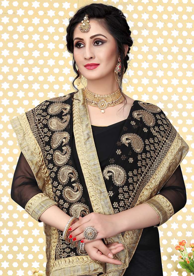 Black Sequin Embroidered Border Georgette Saree Set for Diwali and Festive Wear - Indya