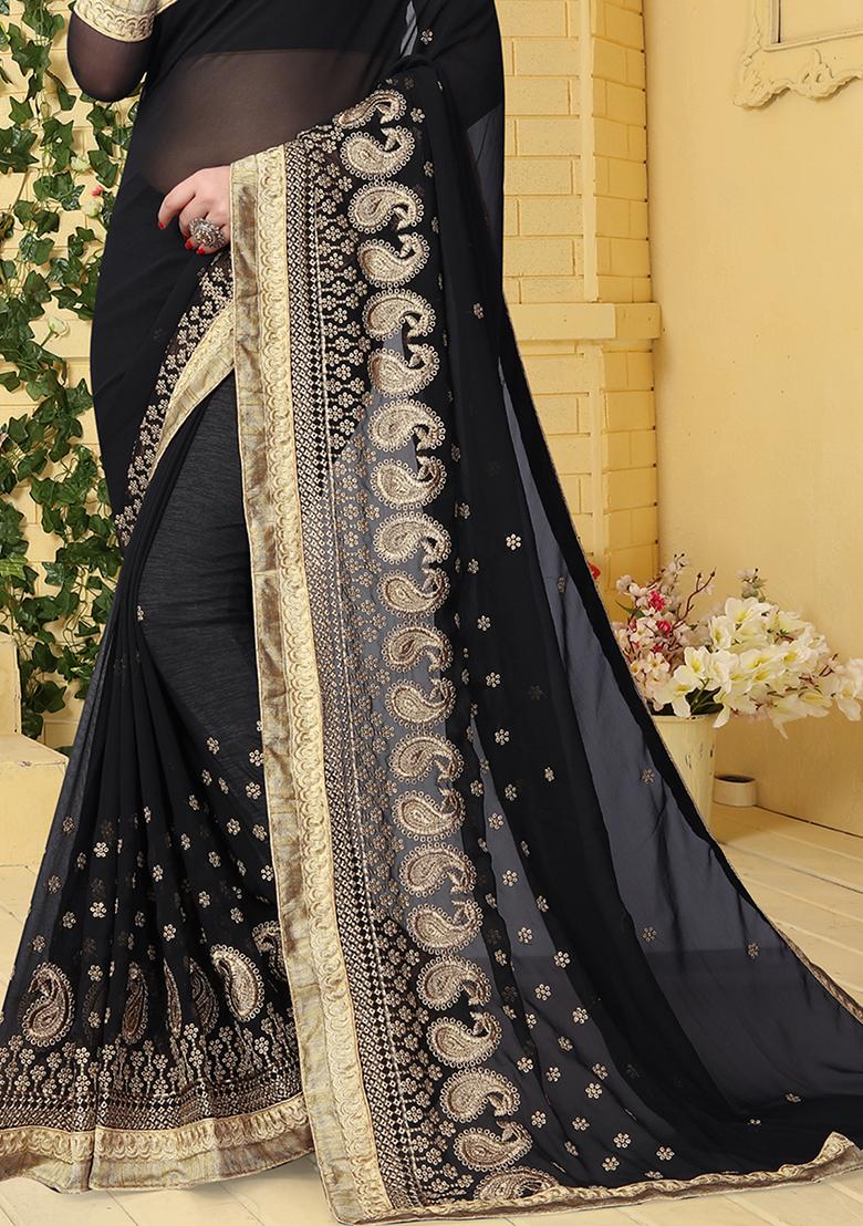 Black Sequin Embroidered Border Georgette Saree Set - Indya