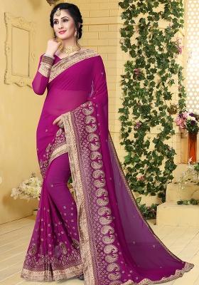 Purple Sequin Embroidered Border Georgette Saree Set