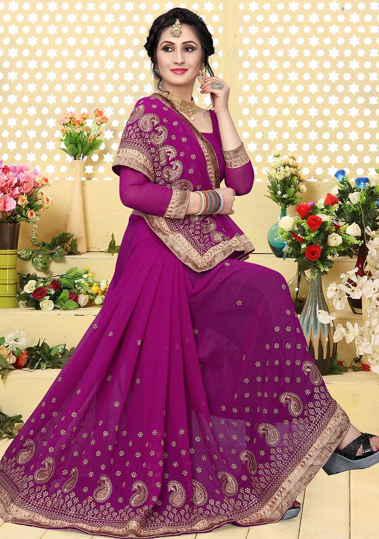 Purple Border Georgette Saree Set with Embroidered & Sequin for Diwali | Wedding & Festive Wear - Indya