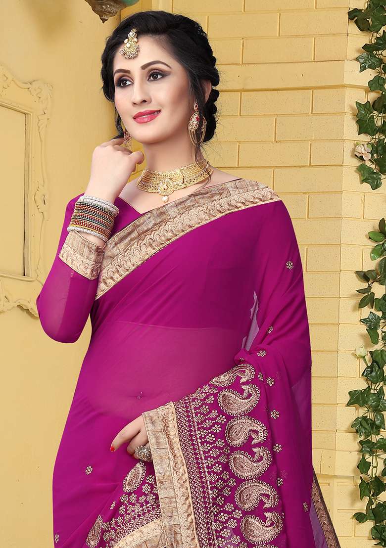Purple Border Georgette Saree Set with Embroidered & Sequin for Diwali | Wedding & Festive Wear - Indya