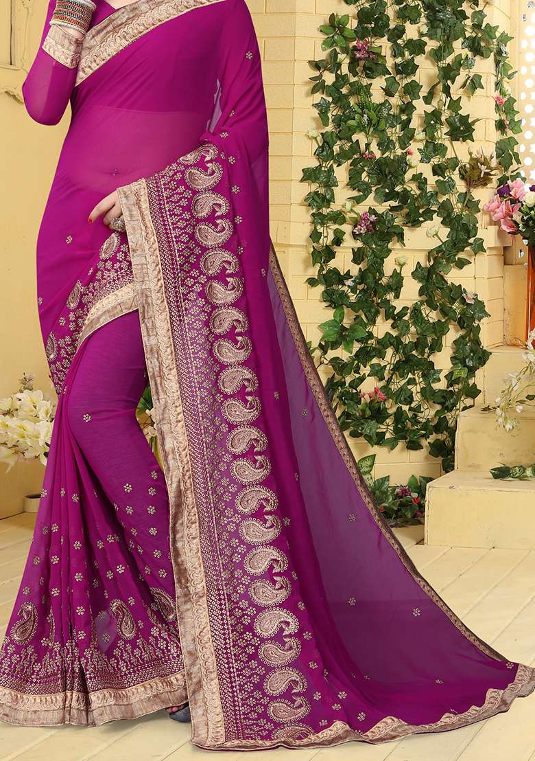Purple Border Georgette Saree Set with Embroidered & Sequin for Diwali | Wedding & Festive Wear - Indya