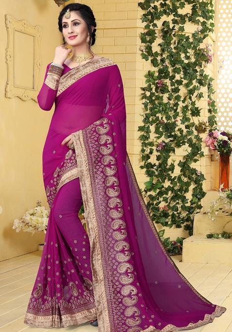Purple Sequin Embroidered Border Georgette Saree Set