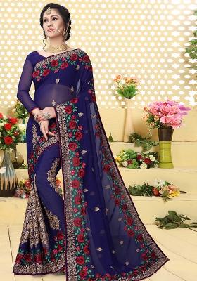 Navy Blue Zari Embroidered Border Georgette Saree Set