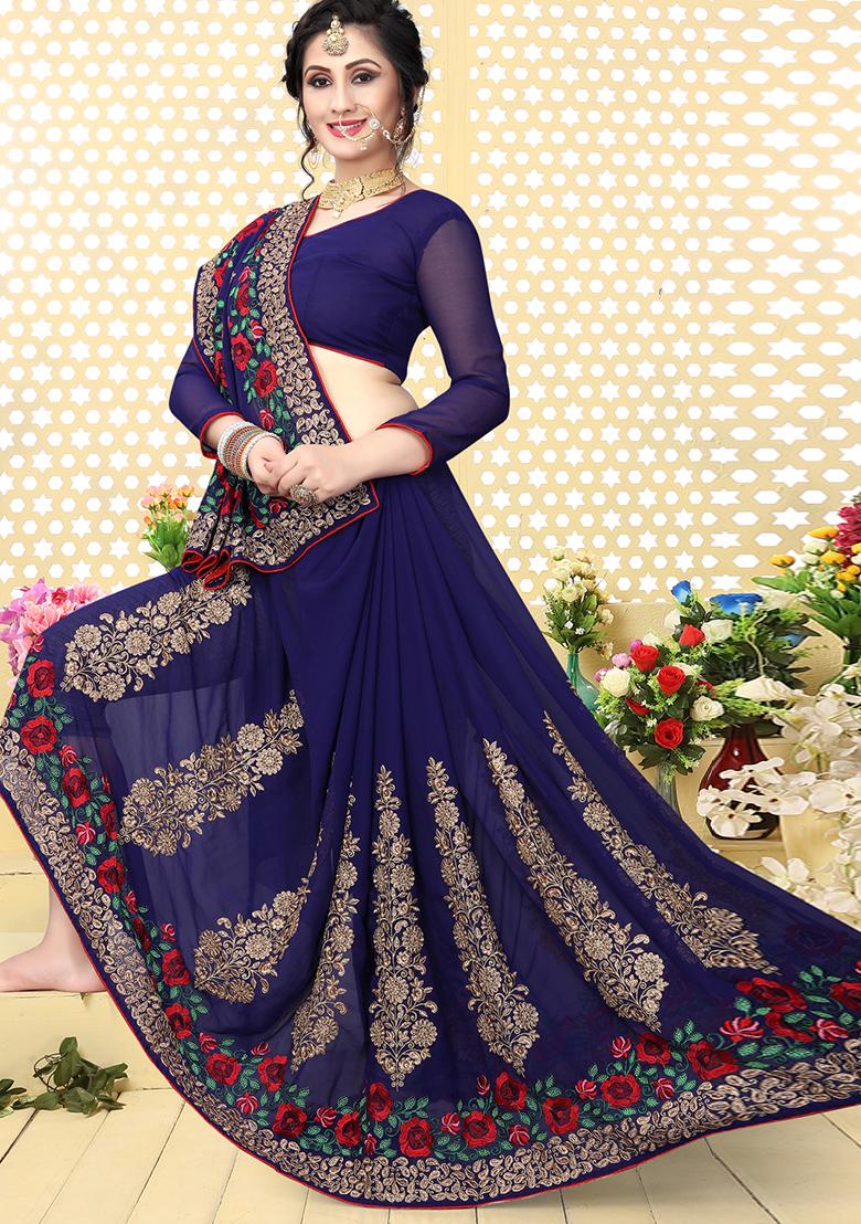 Navy Blue Zari Embroidered Border Georgette Saree Set