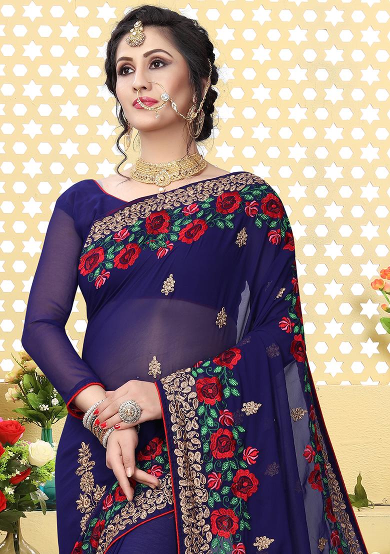 Navy Blue Zari Embroidered Border Georgette Saree Set