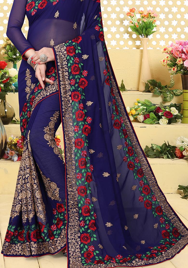 Navy Blue Zari Embroidered Border Georgette Saree Set - Indya
