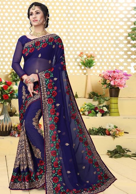 Navy Blue Zari Embroidered Border Georgette Saree Set