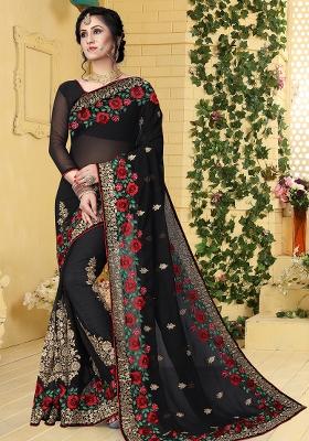 Black Zari Embroidered Border Georgette Saree Set