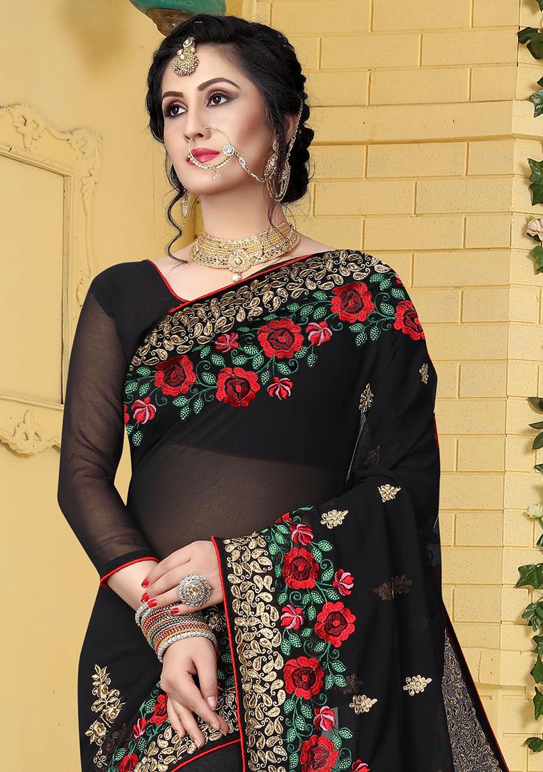 Black Zari Embroidered Border Georgette Saree Set