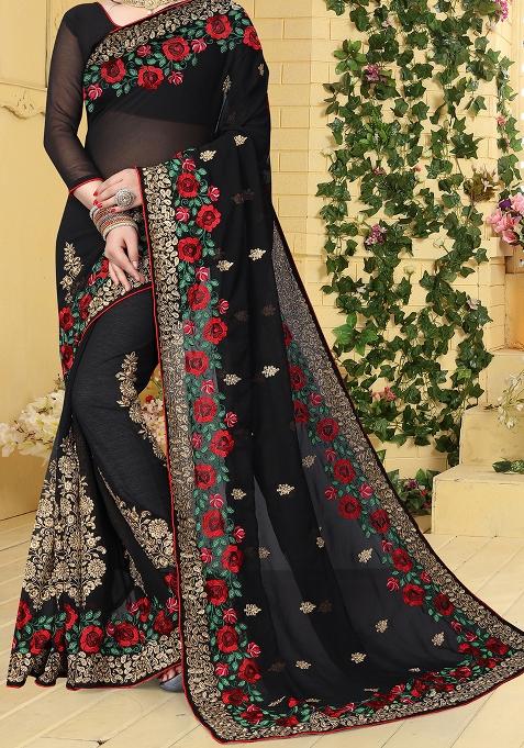 Black Zari Embroidered Border Georgette Saree Set
