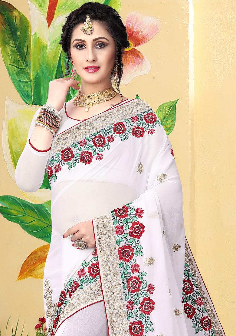 White Zari Embroidered Border Georgette Saree Set