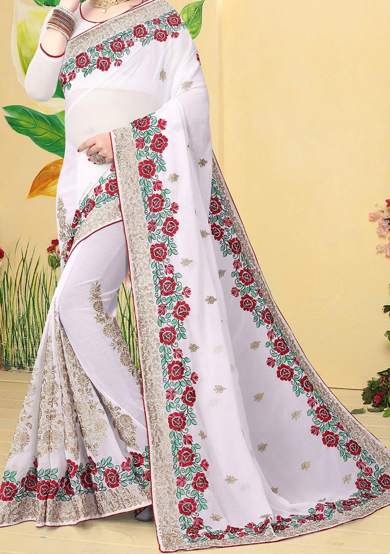 White Zari Embroidered Border Georgette Saree Set