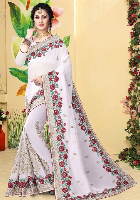 White Zari Embroidered Border Georgette Saree Set