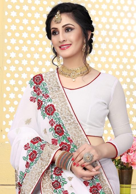 White Zari Embroidered Border Georgette Saree Set