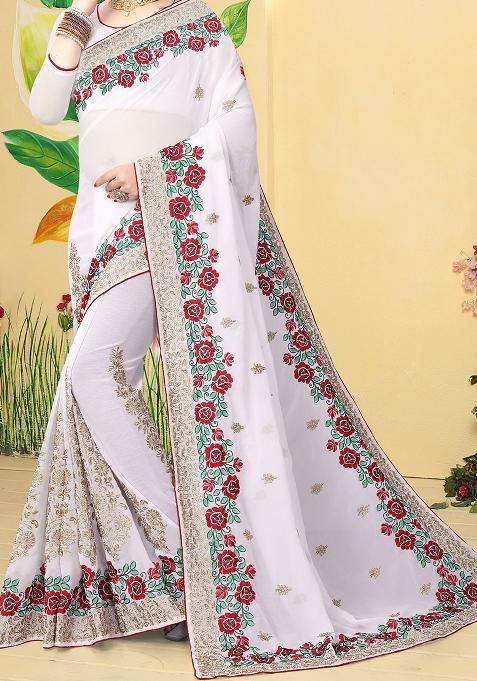 White Zari Embroidered Border Georgette Saree Set