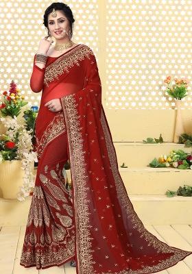 Maroon Sequin Embroidered Border Georgette Saree Set