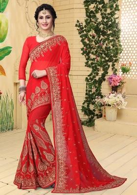 Red Sequin Embroidered Border Georgette Saree Set