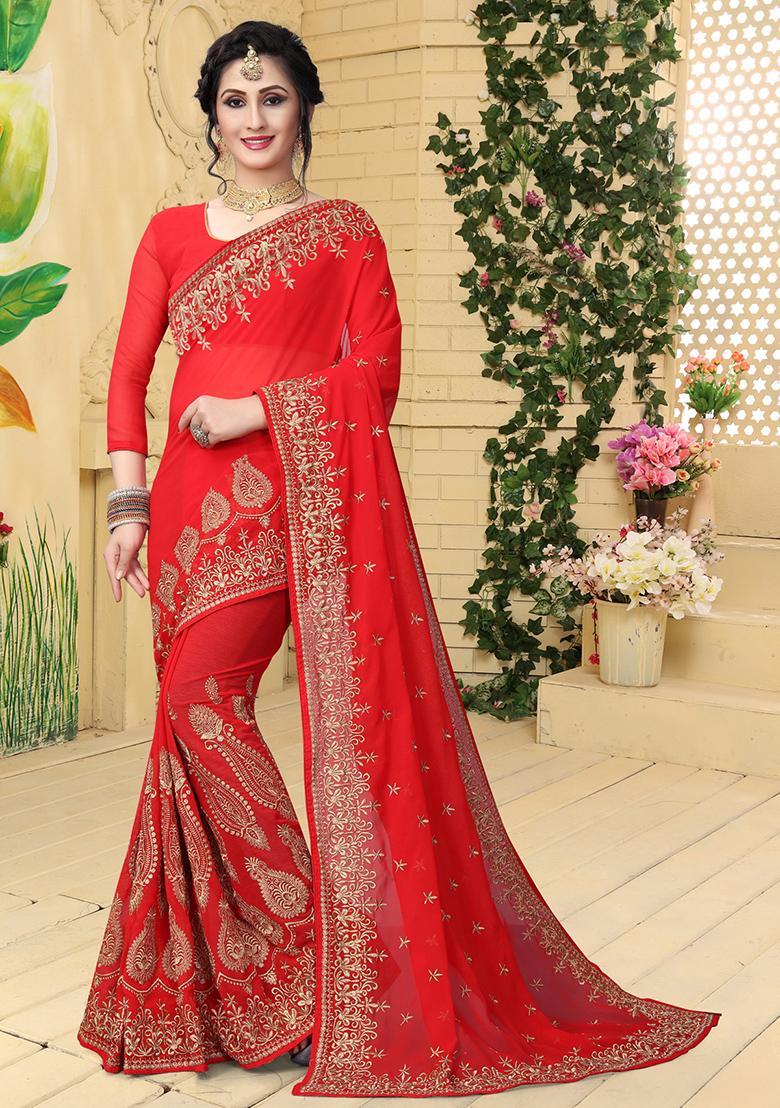 Red Sequin Embroidered Border Georgette Saree Set