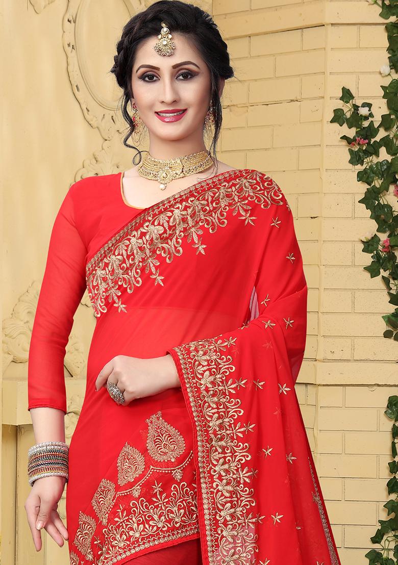 Red Sequin Embroidered Border Georgette Saree Set
