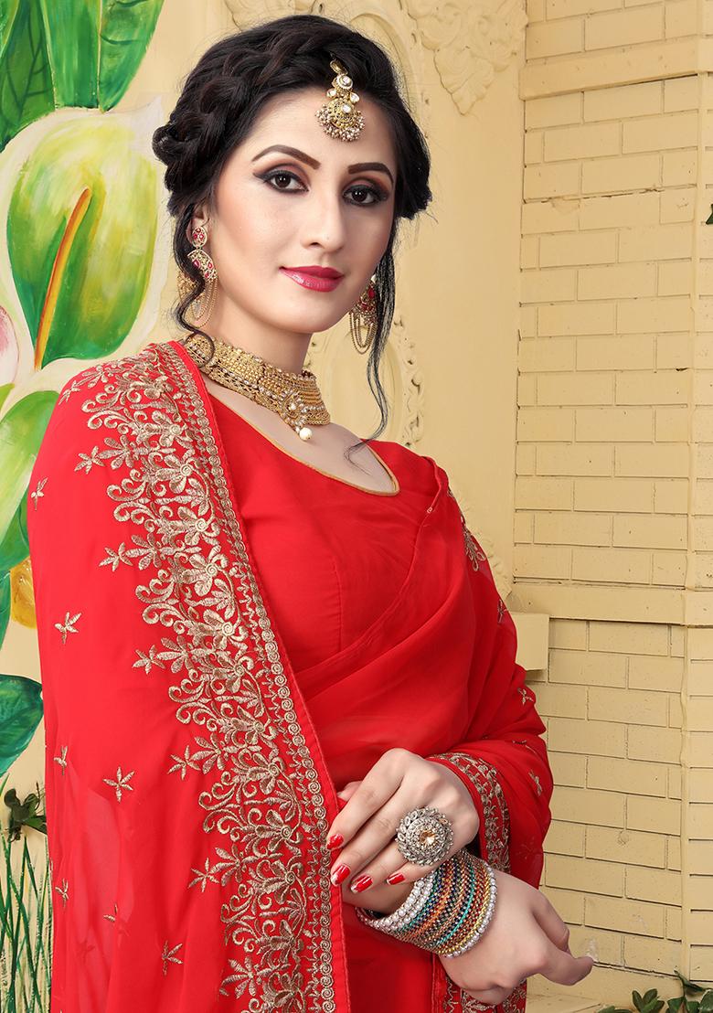 Red Sequin Embroidered Border Georgette Saree Set