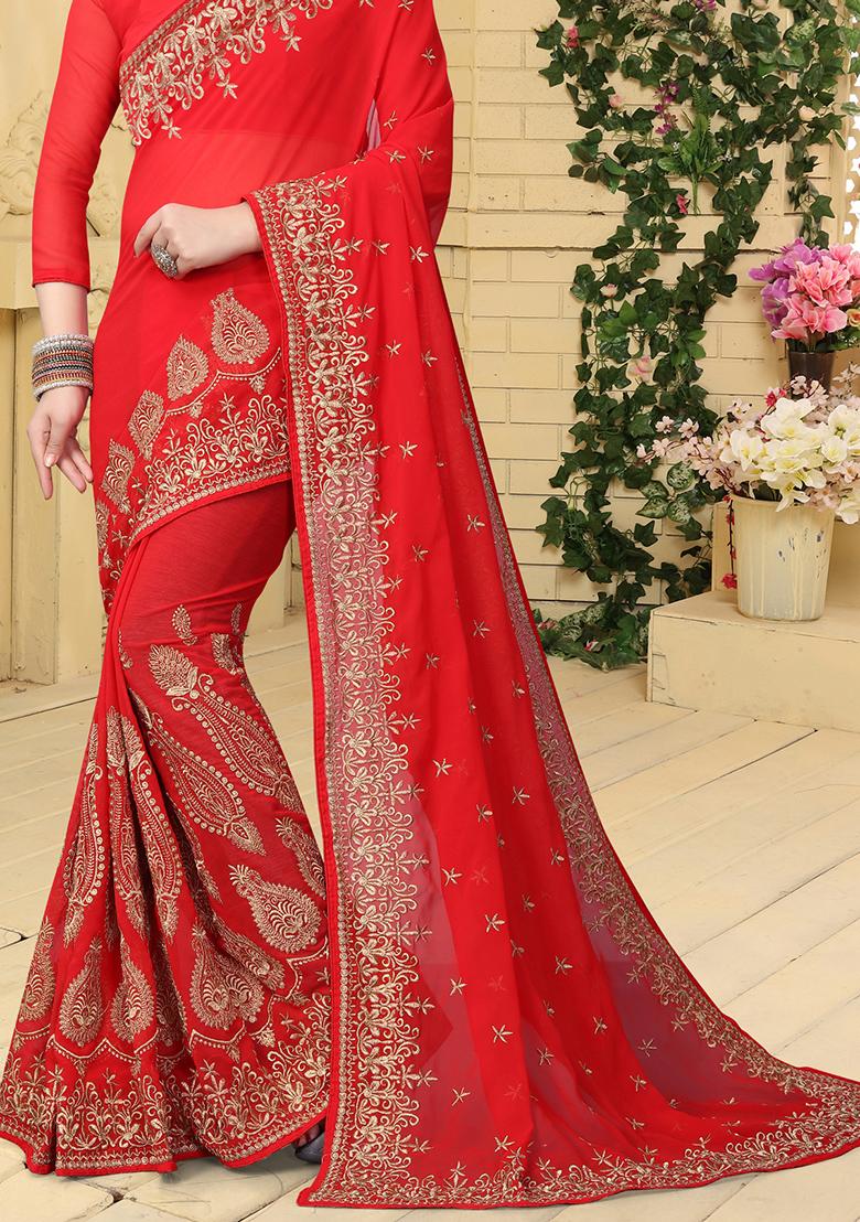 Red Sequin Embroidered Border Georgette Saree Set