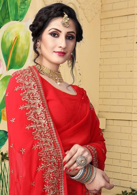 Red Sequin Embroidered Border Georgette Saree Set