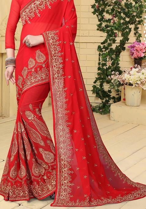 Red Sequin Embroidered Border Georgette Saree Set