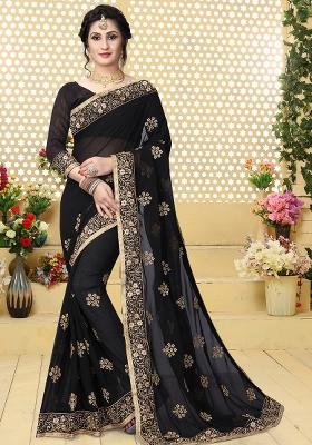 Black Sequin Embroidered Border Georgette Saree Set