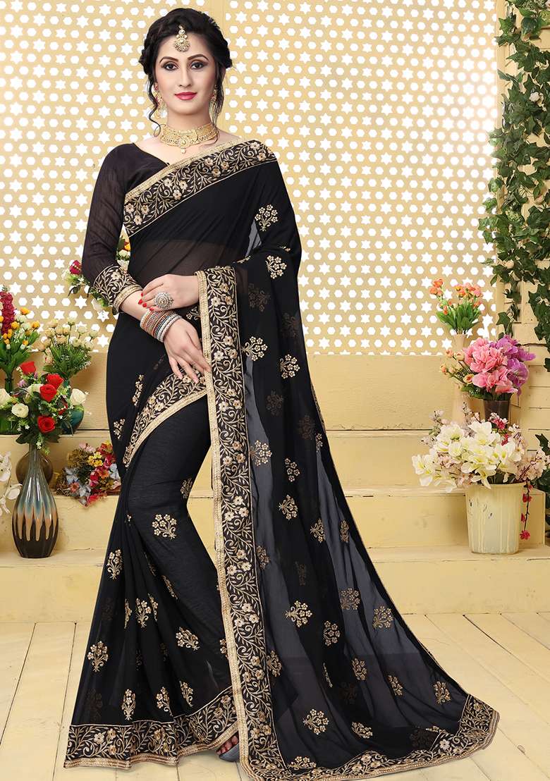 Black Sequin Embroidered Border Georgette Saree Set for Diwali and Festive Wear - Indya