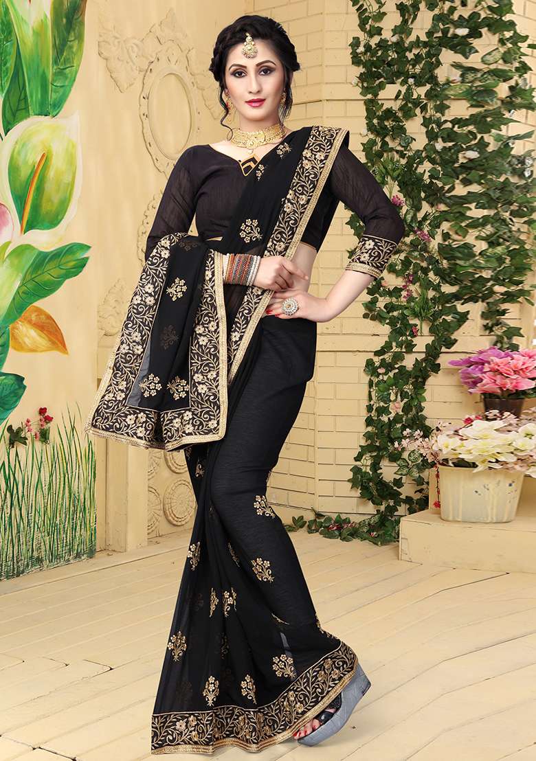 Black Sequin Embroidered Border Georgette Saree Set for Diwali and Festive Wear - Indya