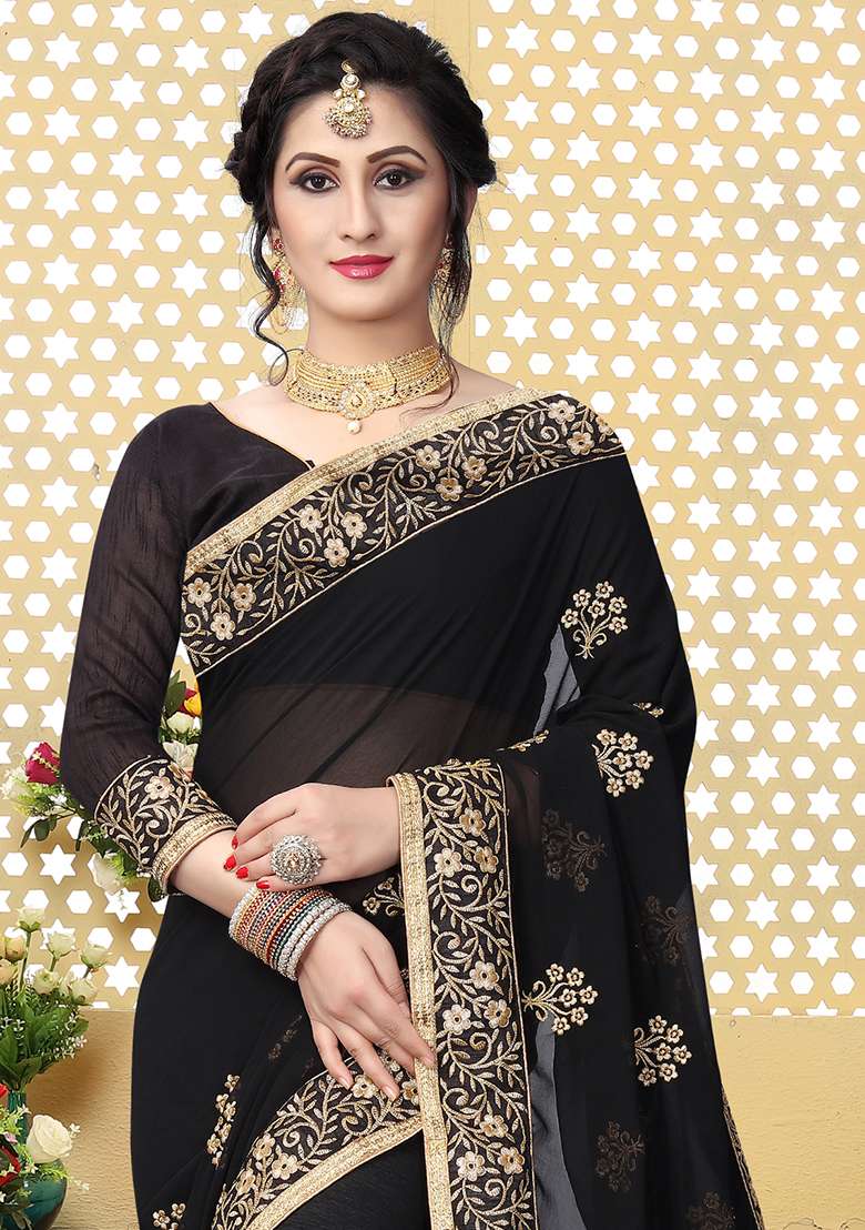 Black Sequin Embroidered Border Georgette Saree Set for Diwali and Festive Wear - Indya