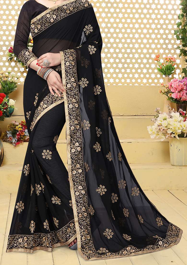 Black Sequin Embroidered Border Georgette Saree Set for Diwali and Festive Wear - Indya