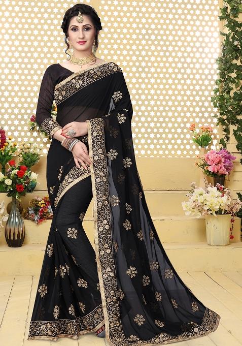 Black Sequin Embroidered Border Georgette Saree Set