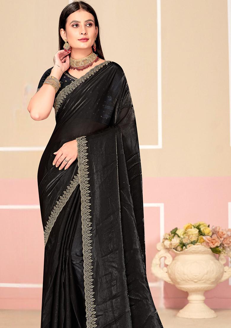 Black Zarkan Embroidered Border Two Tone Silk Saree Set - Indya