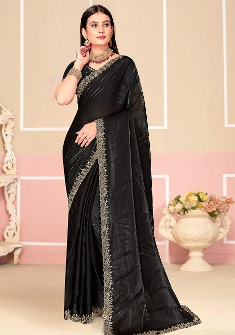 Black Zarkan Embroidered Border Two Tone Silk Saree Set