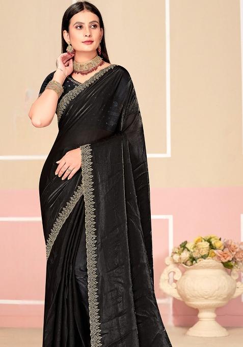 Black Zarkan Embroidered Border Two Tone Silk Saree Set