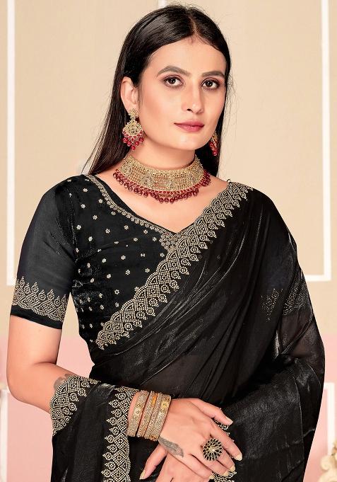 Black Zarkan Embroidered Border Two Tone Silk Saree Set